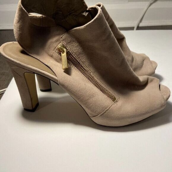 Franco Sarto Suede‎ Tan Leather Peep Toe Chunky Heel Shoe Sandals - Picture 4 of 11